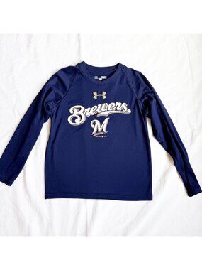 Under Armour Youth Milwaukee Brewers Long Sleeve PHeatGear Shirt Navy Size YSM